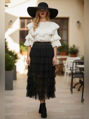 Elan Black Tiered Tulle Midi Skirt